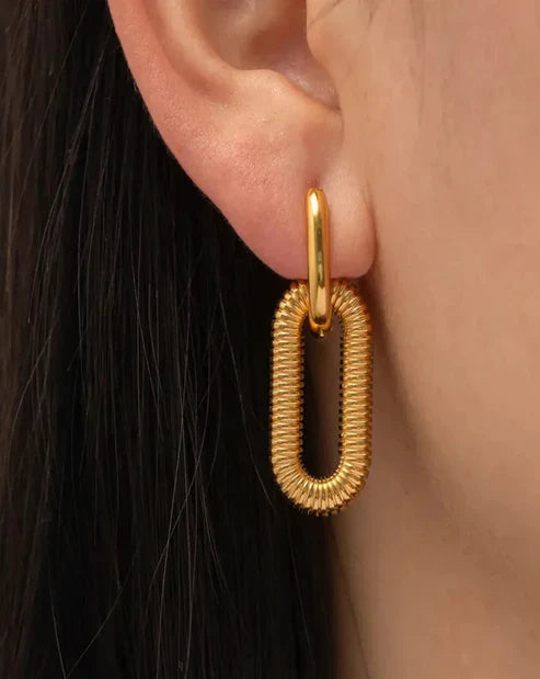 Textured Link Drop Hoop Earrings – Gold Finish