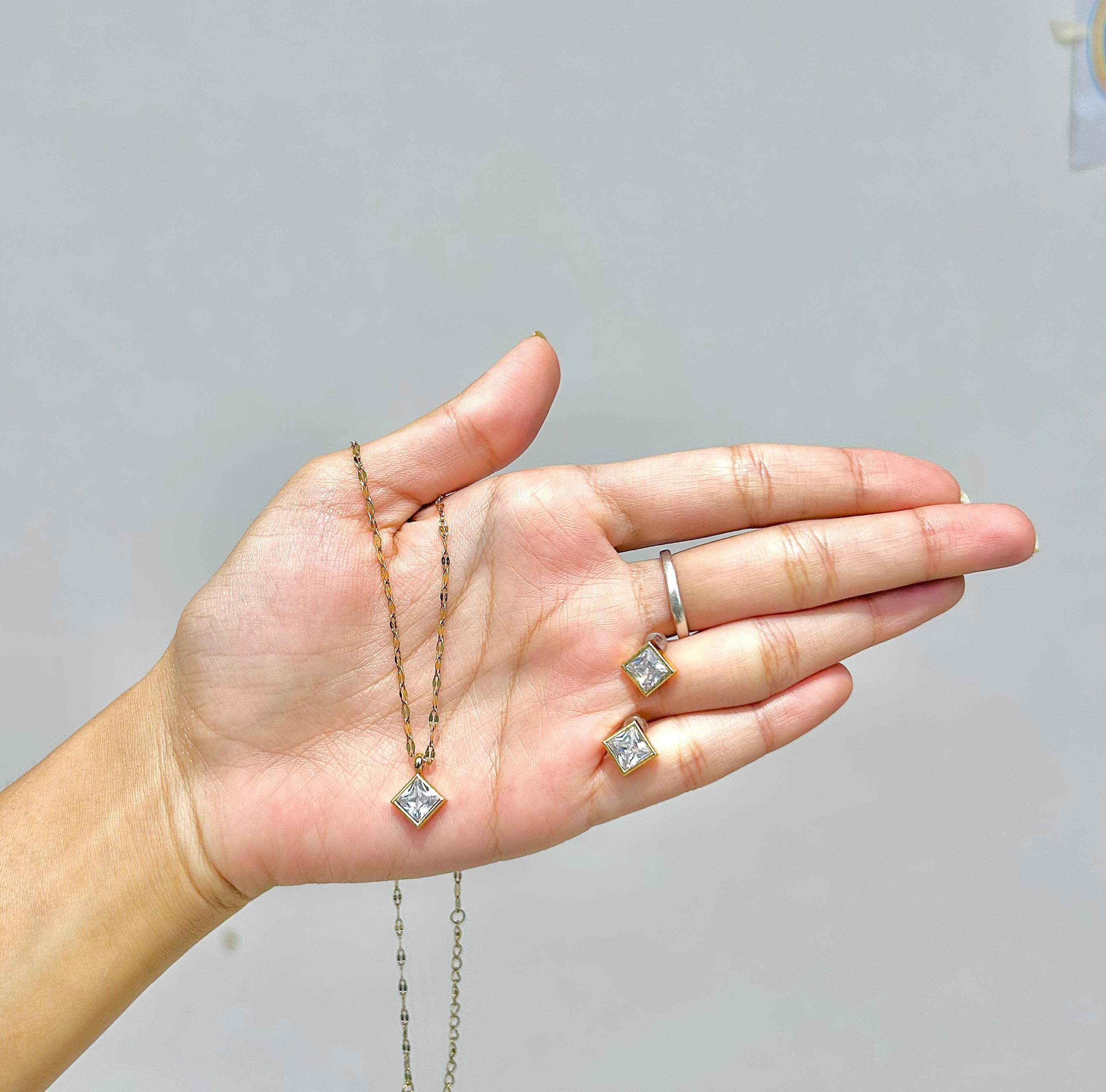 Elegant Square-Cut CZ Pendant & Earrings Set for Women