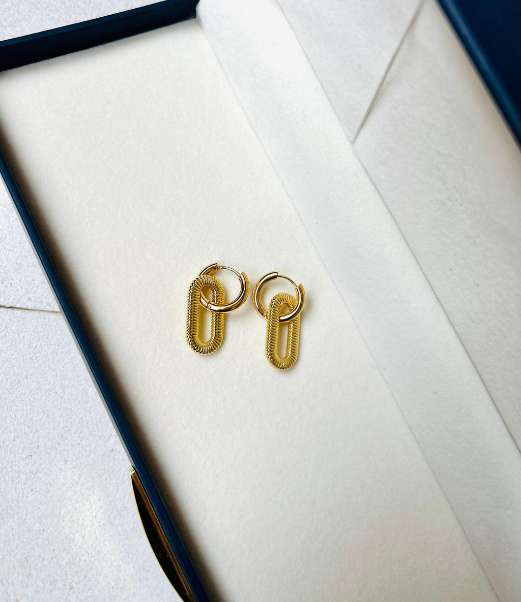 Textured Link Drop Hoop Earrings – Gold Finish